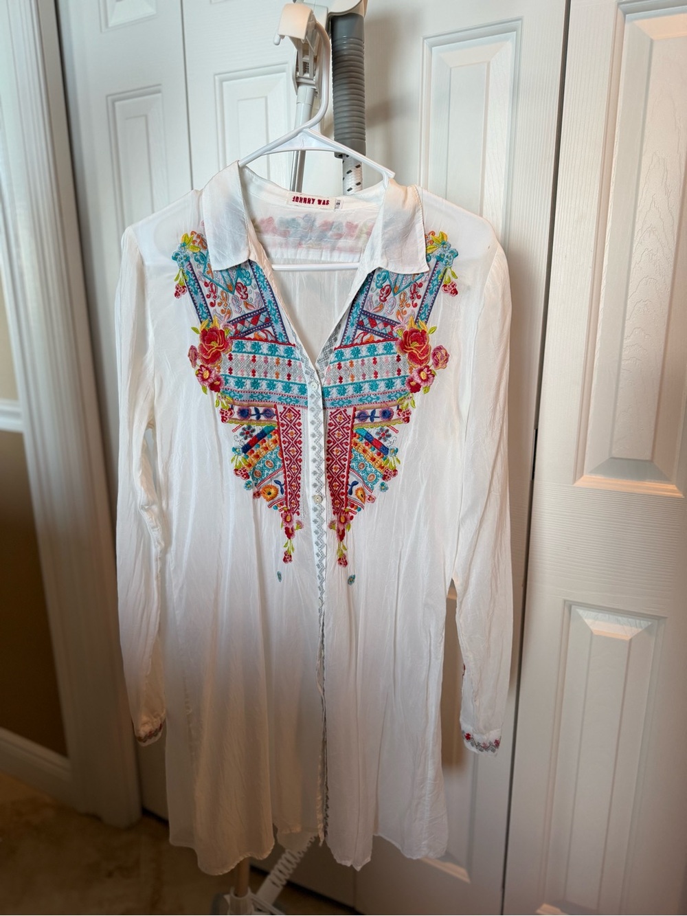 Johnny Was White Long-Sleeve Embroidered Tunic Dress